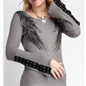NWT Vocal gray top with wing design and lace up on sleeves